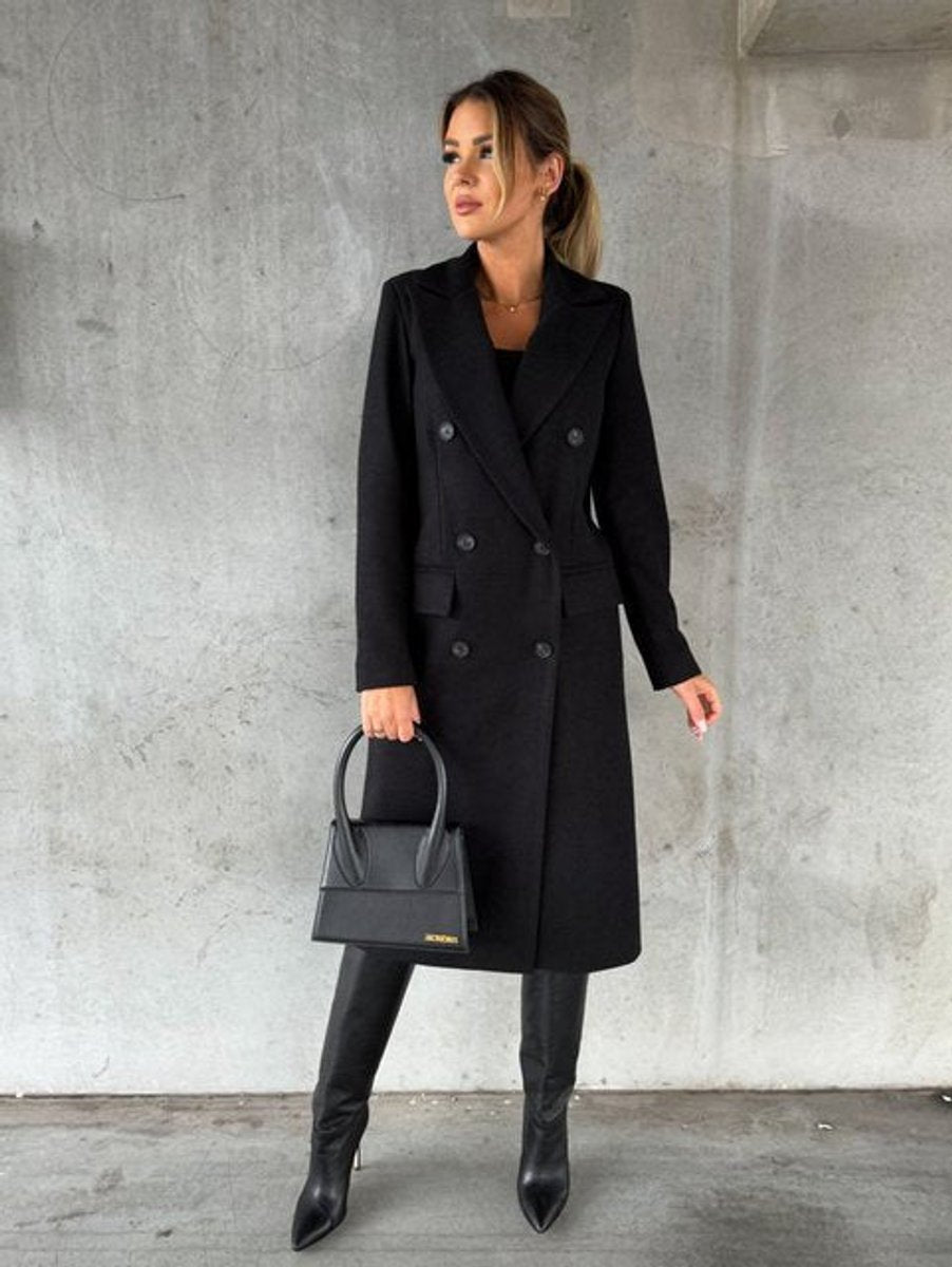 Women's Double-Breasted Longline Coat with Gold Buttons