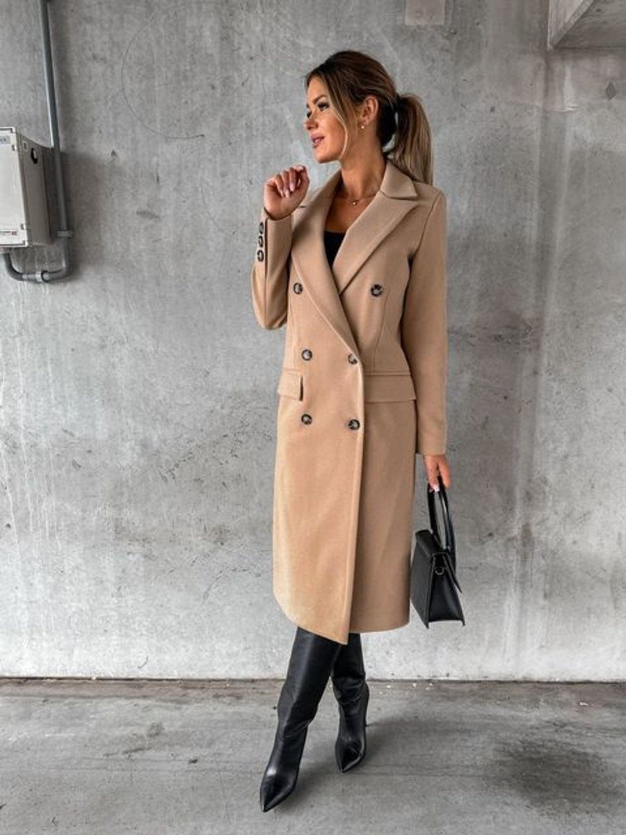 Women's Double-Breasted Longline Coat with Gold Buttons