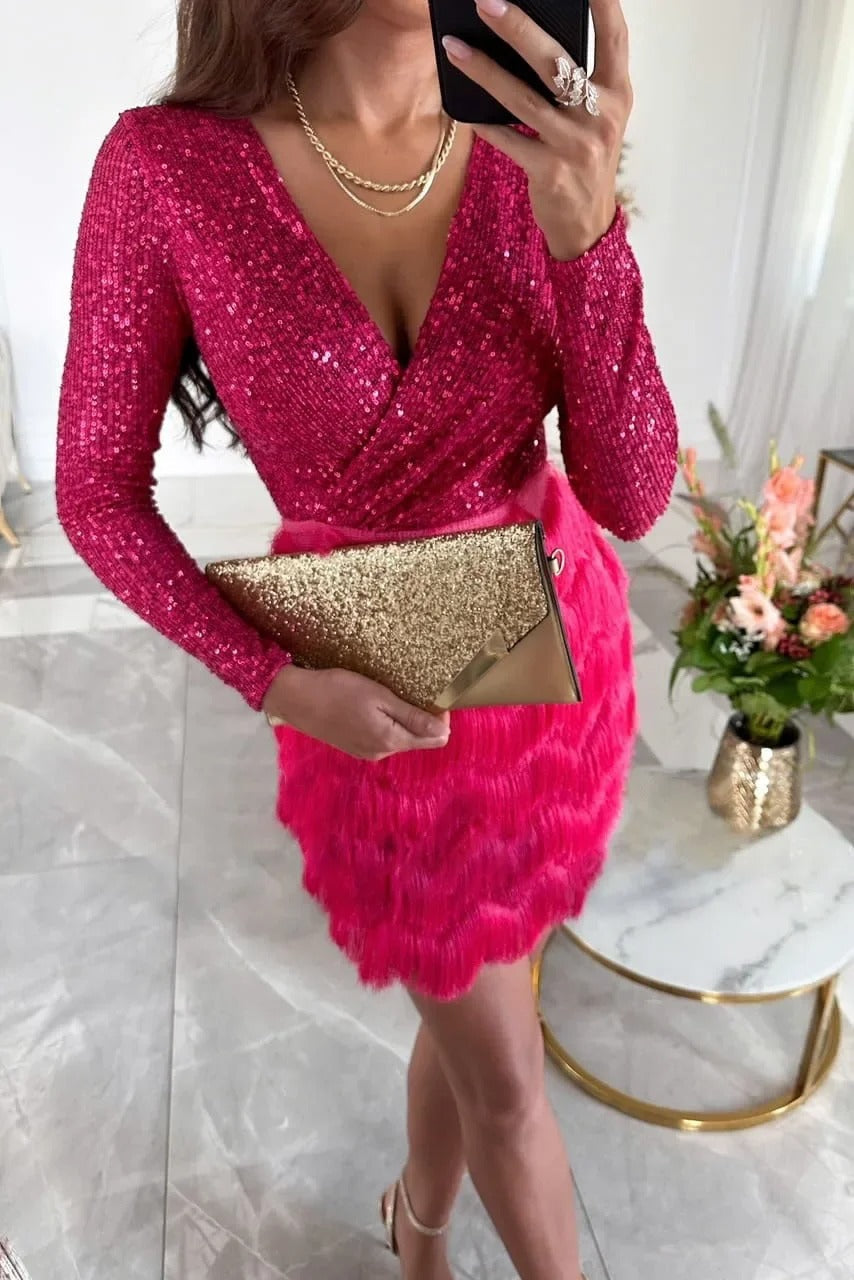 Women's Sequin Feather Mini Dress with Long Sleeves