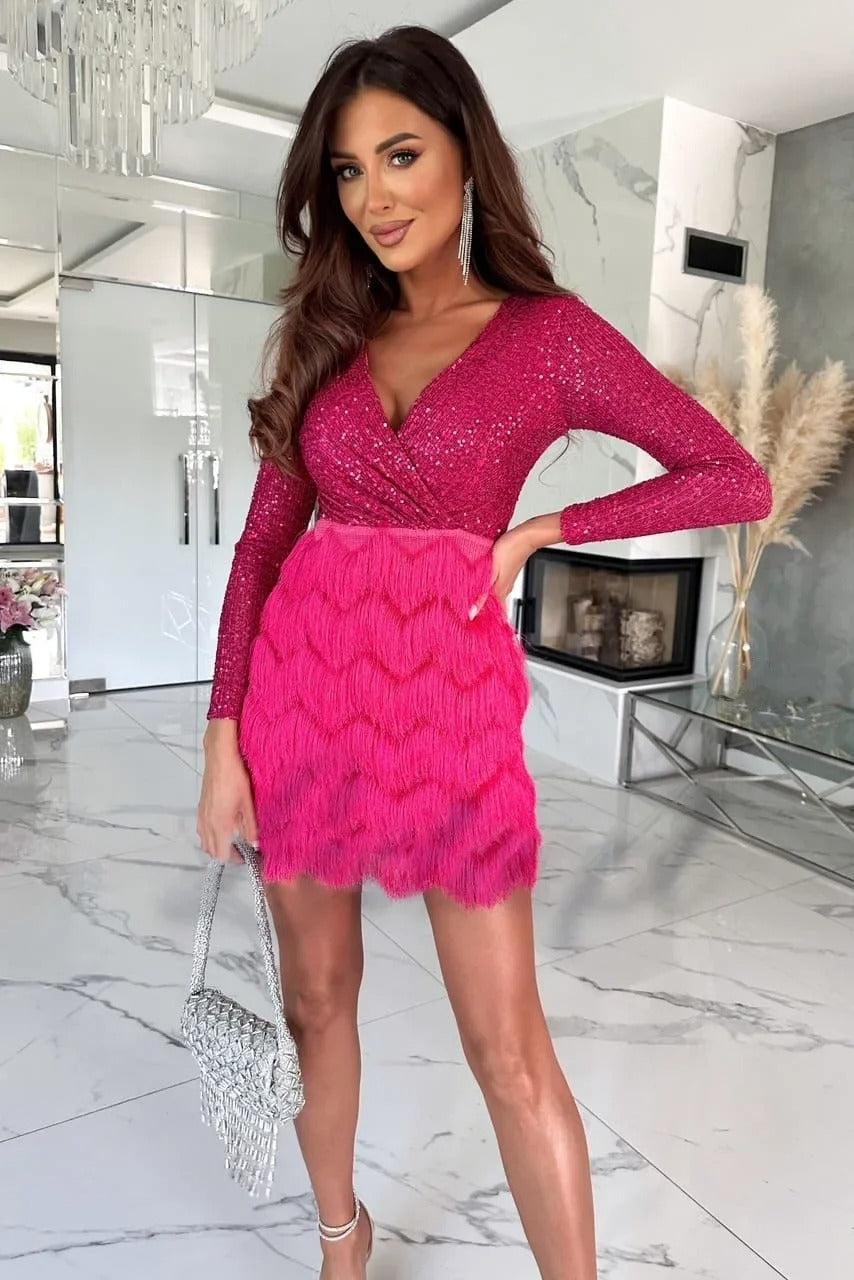 Women's Sequin Feather Mini Dress with Long Sleeves