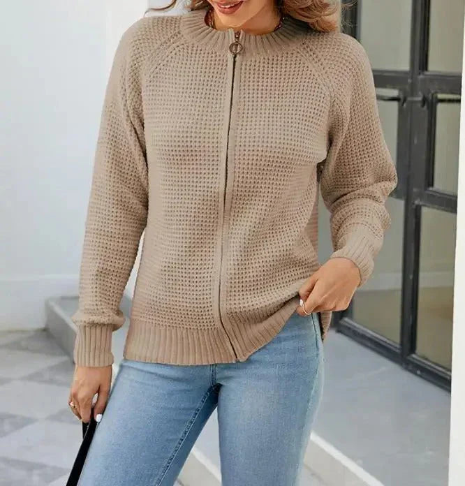 Women's Zip-Up Cardigan with Long Sleeves and Round Neck