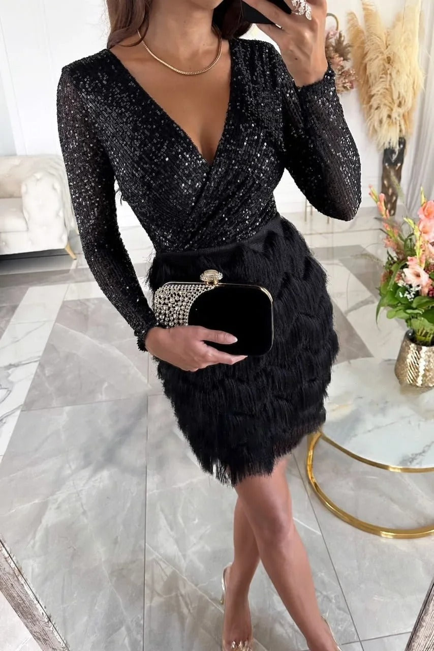 Women's Sequin Feather Mini Dress with Long Sleeves
