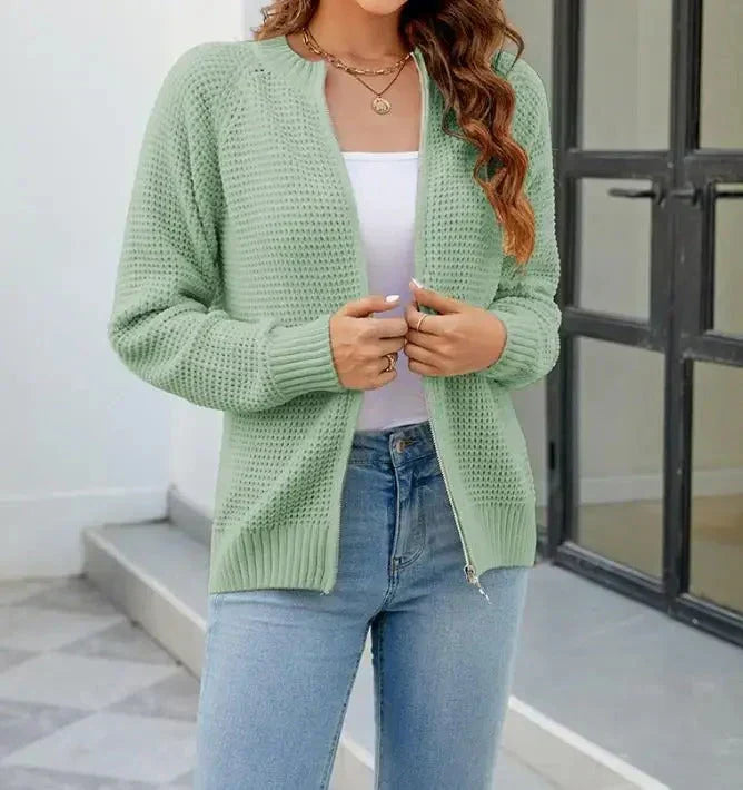 Women's Zip-Up Cardigan with Long Sleeves and Round Neck