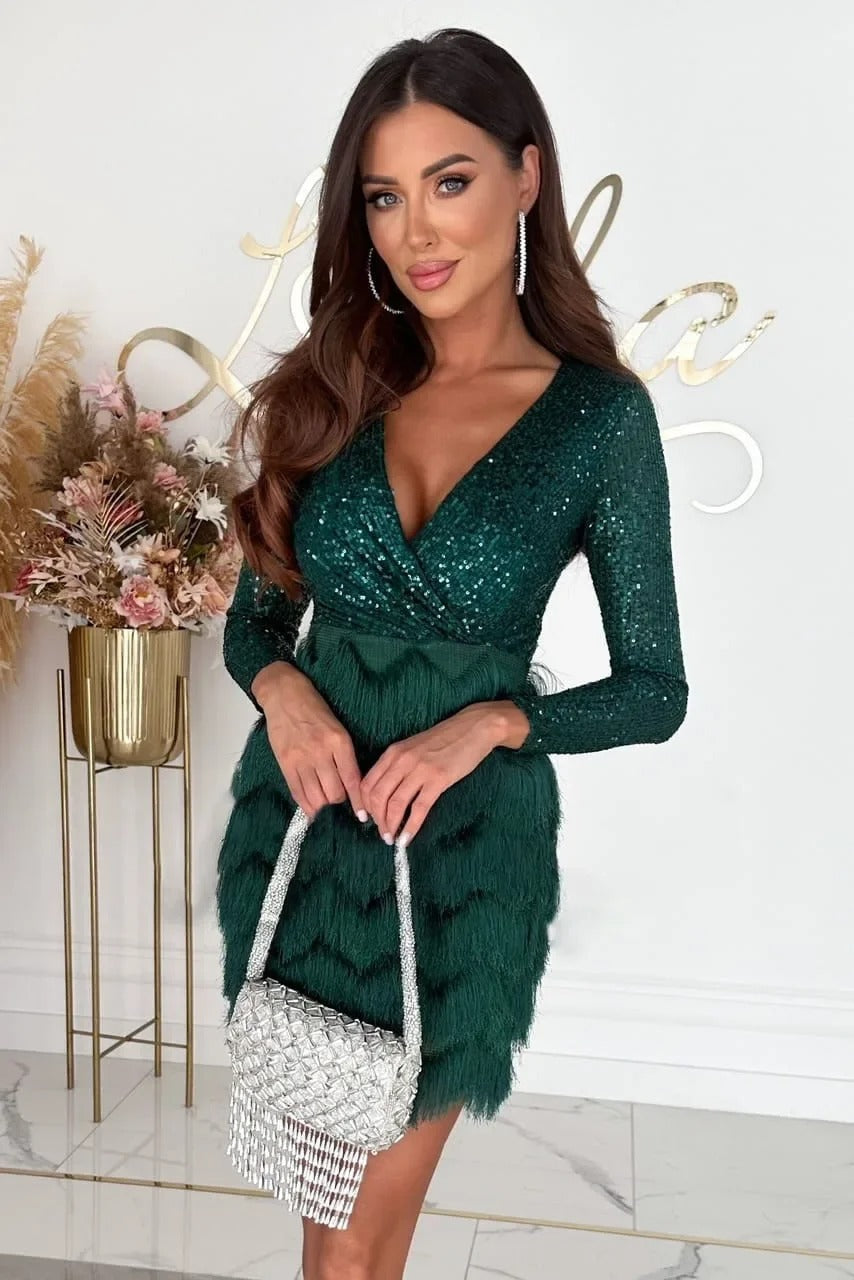 Women's Sequin Feather Mini Dress with Long Sleeves