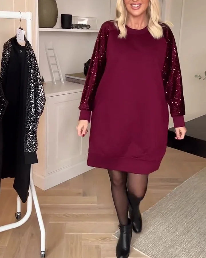 Women's Sequin Sleeve Sweatshirt Dress with Crew Neck