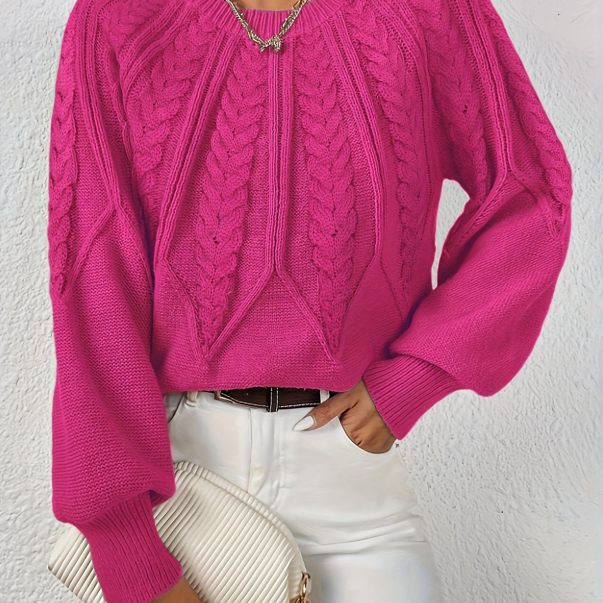 Women's Cable-Knit Cropped Jumper with Ribbed Crew Neck