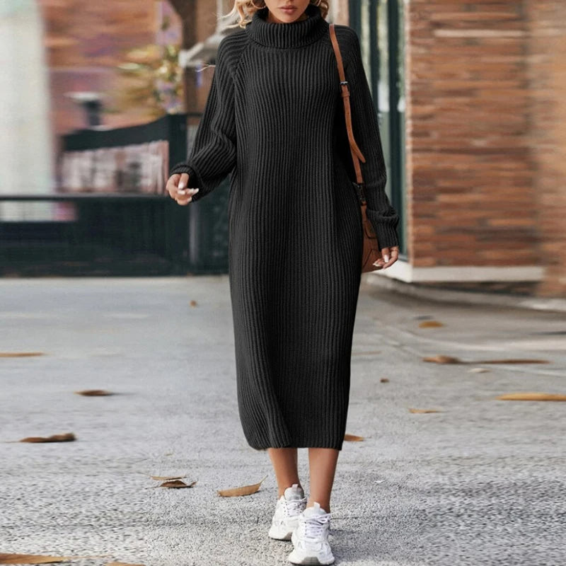 Women's Ribbed Turtleneck Midi Dress with Long Sleeves