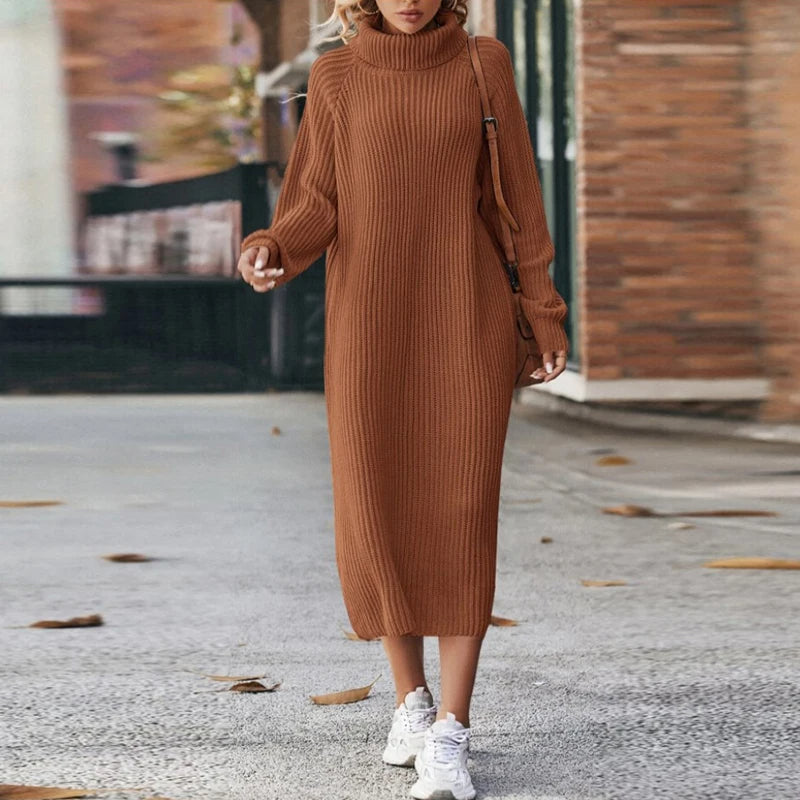 Women's Ribbed Turtleneck Midi Dress with Long Sleeves