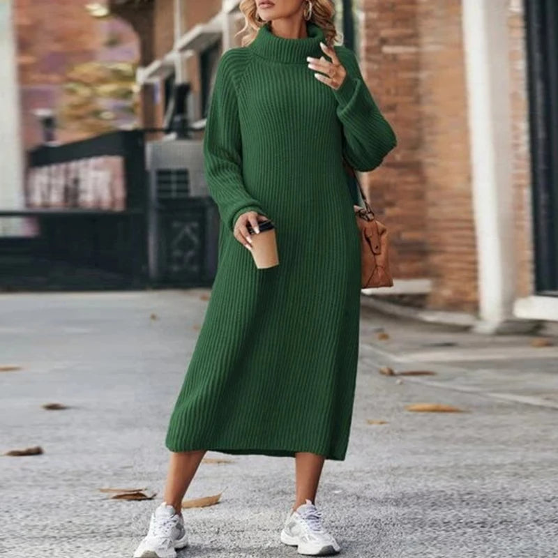 Women's Ribbed Turtleneck Midi Dress with Long Sleeves