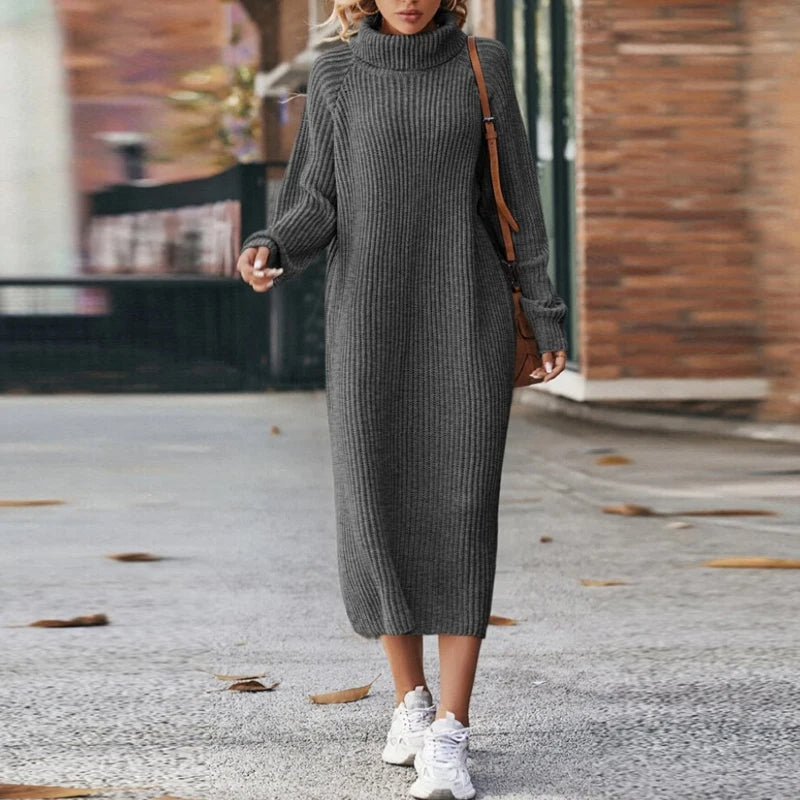 Women's Ribbed Turtleneck Midi Dress with Long Sleeves