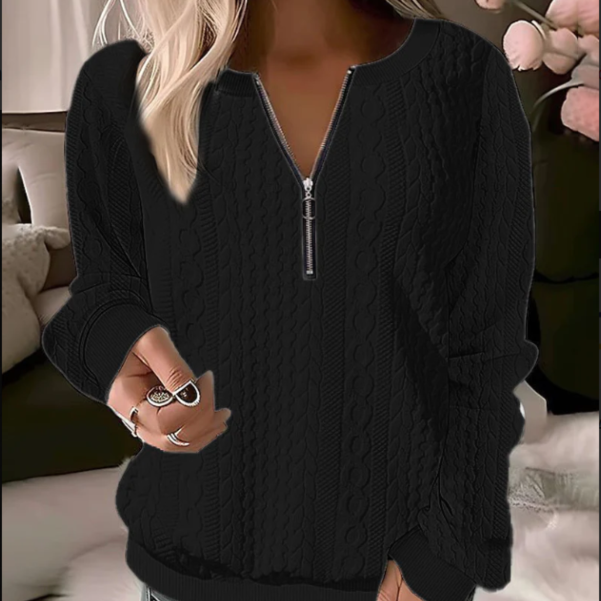 Women's Cable Knit Jumper with Half Zip and Long Sleeves