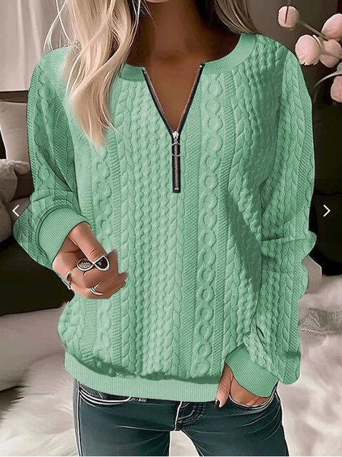 Women's Cable Knit Jumper with Half Zip and Long Sleeves