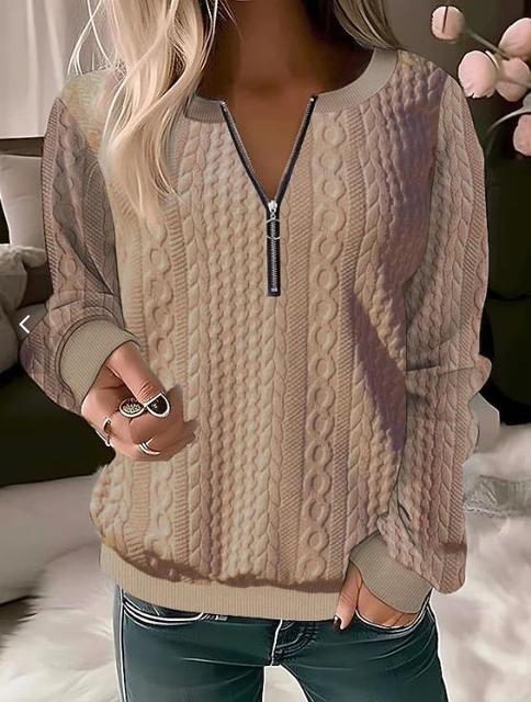 Women's Cable Knit Jumper with Half Zip and Long Sleeves