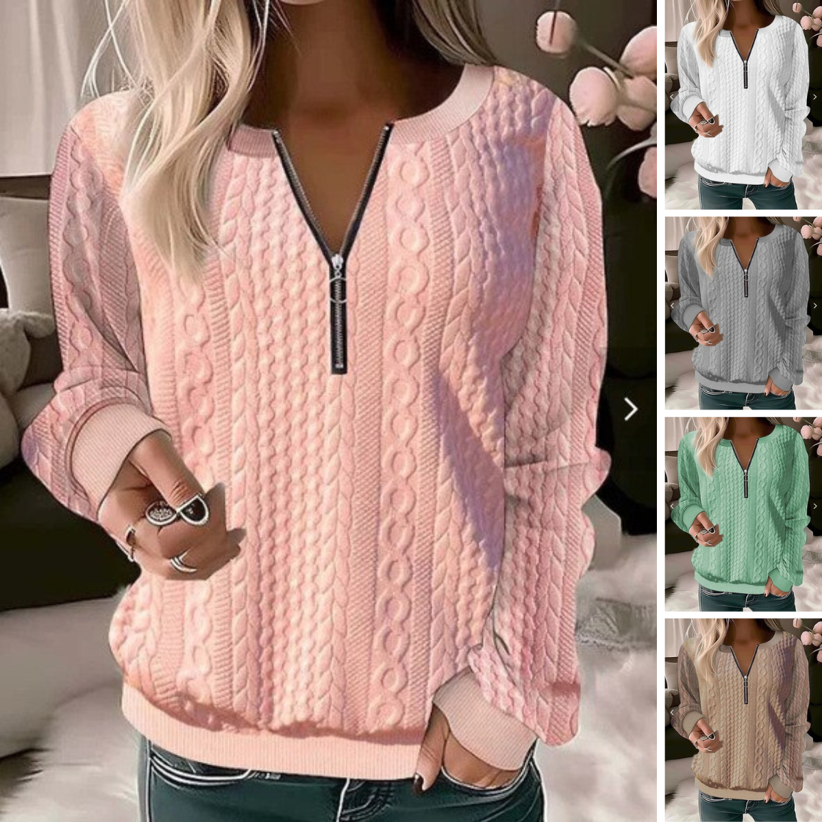 Women's Cable Knit Jumper with Half Zip and Long Sleeves