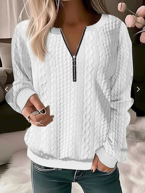 Women's Cable Knit Jumper with Half Zip and Long Sleeves