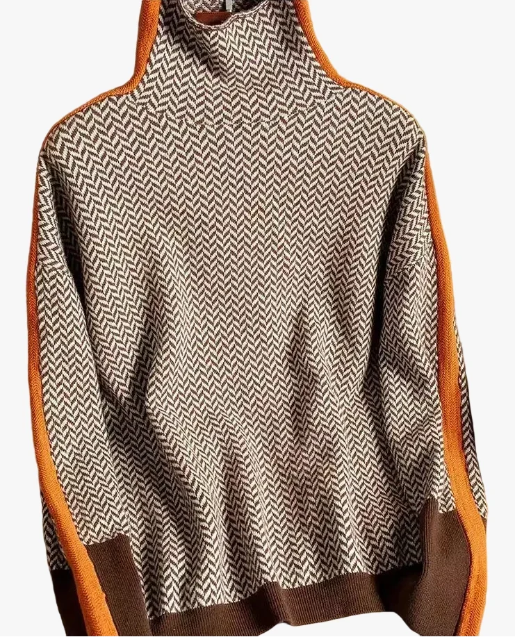 Women's Herringbone Turtleneck Jumper with Stripe Sleeves