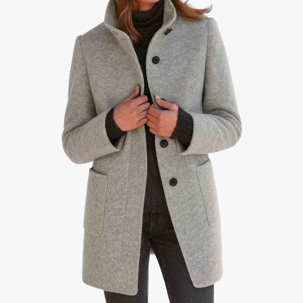 Women's Stand Collar Coat with Button Front and Patch Pockets