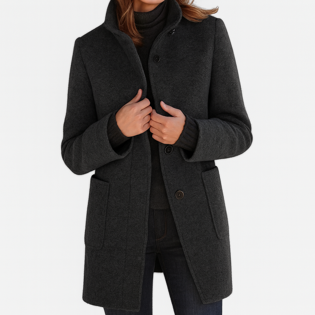 Women's Stand Collar Coat with Button Front and Patch Pockets