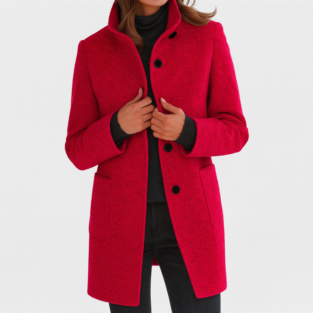 Women's Stand Collar Coat with Button Front and Patch Pockets