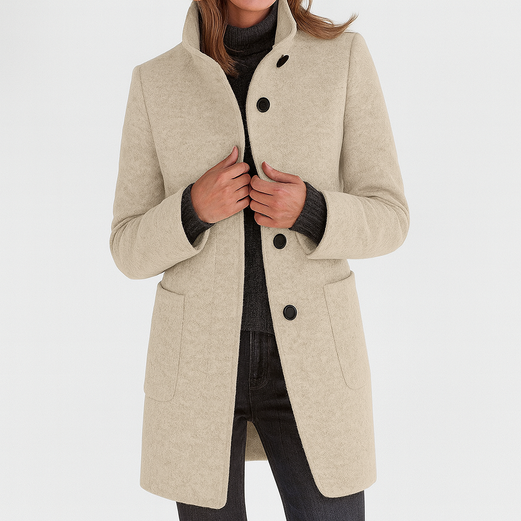 Women's Stand Collar Coat with Button Front and Patch Pockets